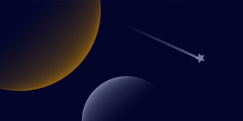 Minimalist vector illustration of space featuring a glowing orange planet, a shaded moon, and a shooting star on a dark blue background. Simple flat cosmic design. © Zainal