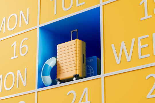 Yellow calendar layout featuring suitcase, lifebuoy and passport placed inside vibrant blue compartment symbolizing organized vacation planning concept illustration. 3D Rendering