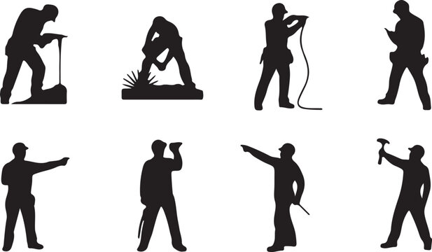 Construction Worker Silhouette Bundle Set Isolated on White Background
