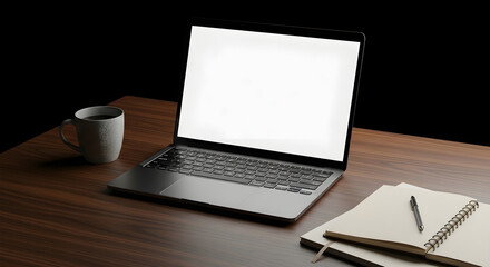 Fototapeta premium Modern open laptop with blank screen on a wooden desk next to a coffee mug and notepad, symbolizing remote work or study