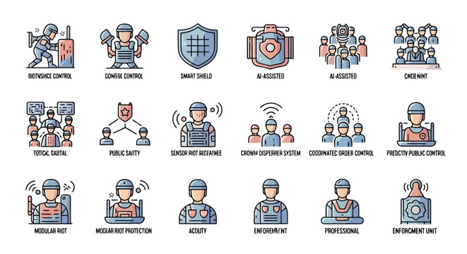 Collection of icons representing various security and crowd control measures, including personnel, equipment, and strategies.