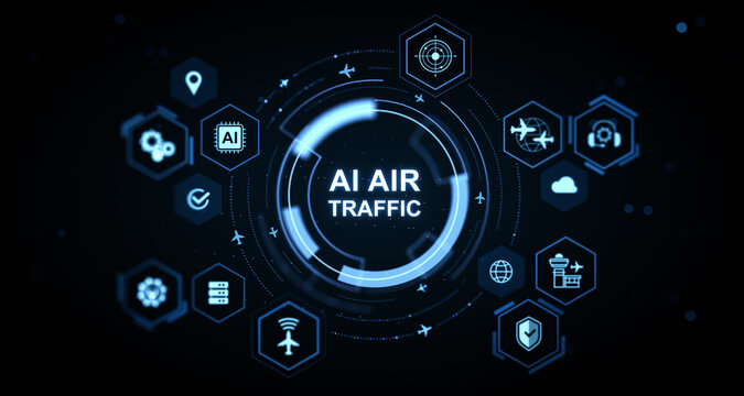 Futuristic AI air traffic control interface with digital aviation icons and glowing tech elements on dark background. 3D Rendering
