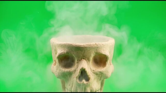 Skull object emitting smoke against green screen with human skull stock footage
