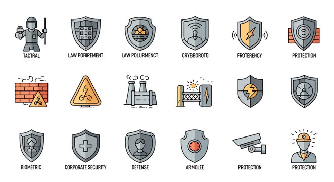 A comprehensive set of security and protection icons, including law enforcement, cybersecurity, industrial safety, and defense symbols.