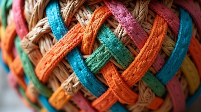 Macro view of a colorful woven rattan ball used in Sepak Takraw.