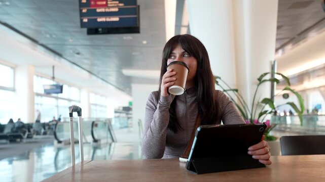 Woman making video call on tablet in airport terminal lounge