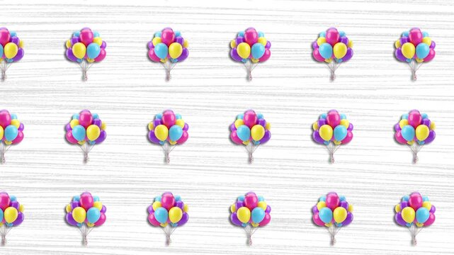 Seamless animation with festive symbols: cupcakes with caps, bunches of balls and rainbow lollipops on a white background with confetti, looping pattern for birthdays and children's parties