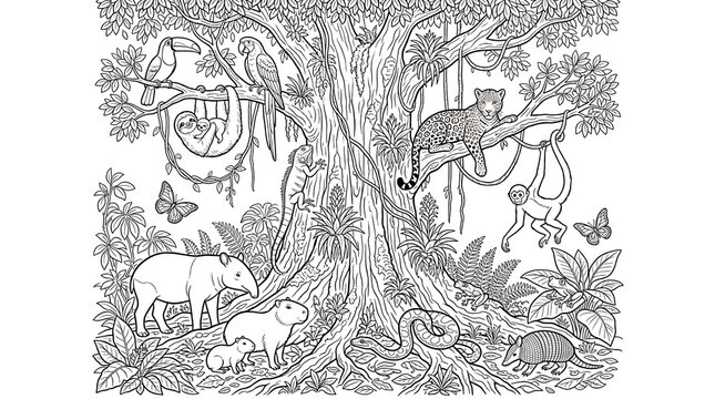 Rainforest Animals Around Giant Tree Line Art Illustration