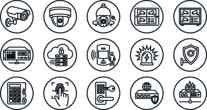 Security and surveillance line icons set. Smart lock alarm system and cloud server protection