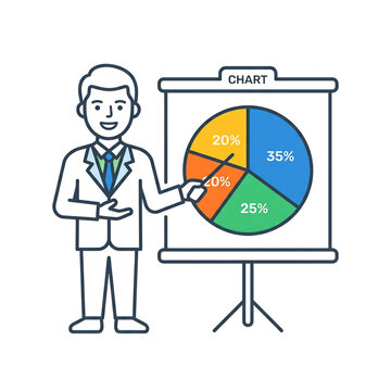 Presenter explains business data using a colorful pie chart.
