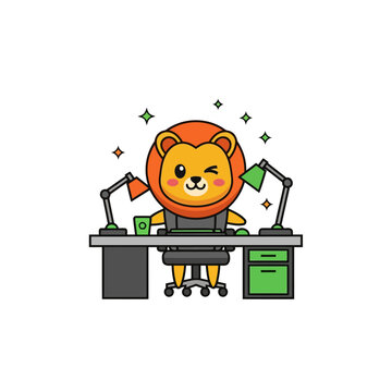 A cute gaming desk mascot character with lion face and winking, flat vector mascot illustration.