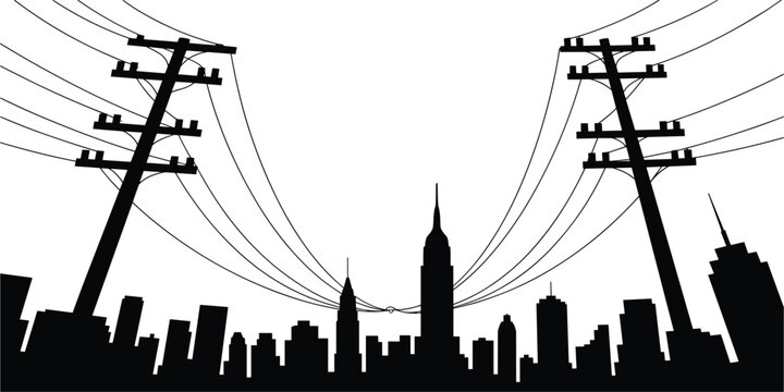 Cityscape Silhouette With Overhead Power Lines And Tall Buildings skyline urban