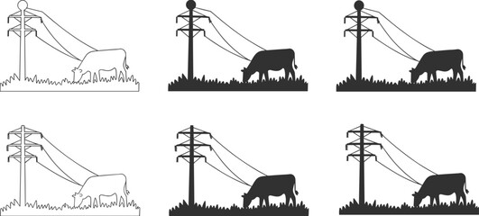 Obraz premium Cows Grazing Near Electricity Poles In Various StylesTitle:Cows Grazing Near Electricity Poles In Various Styles Including Outline And