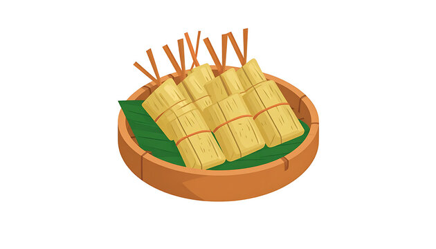 Pixel art illustration of sticky rice cakes wrapped in banana leaves and tied with string, served in a wooden bowl, simple food icon