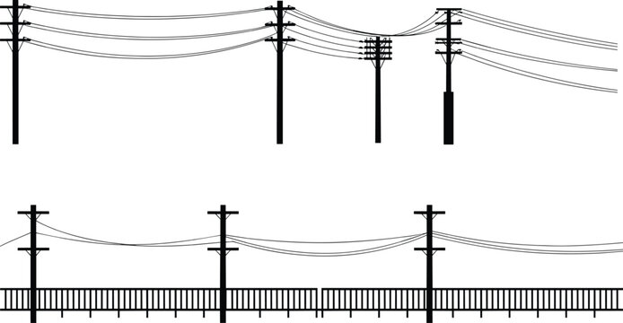 Silhouette of telephone poles with wires and a fence on a white background Keywords: telephone pole, power line, electricity, wire, cable