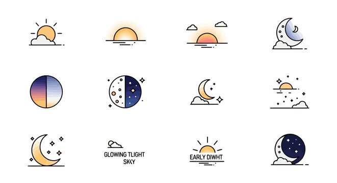 A collection of twelve minimalist line art icons depicting various celestial events and times of day, including sunrises, sunsets, crescent moons, and starry nights.