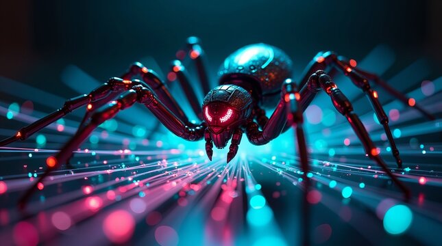 Cybernetic robotic spider crawling on glowing digital fiber optic data network background.