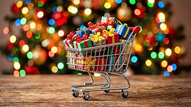 Shopping cart filled with colorful gift boxes symbolizing the pursuit of happiness and balance
