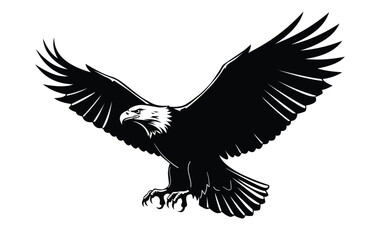 Fototapeta premium Bald eagle flying silhouette with spread wings isolated vector for american symbol, Eagle silhouette with transparent background