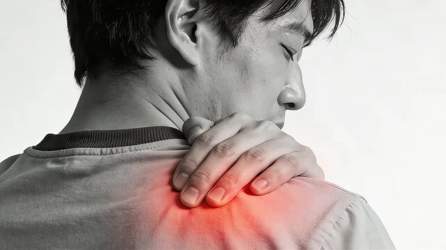 肩の鈍痛を感じて手を添える男性の背面（痛みの赤いグラフィック）