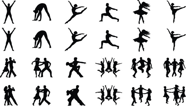 Dance and Fitness Silhouette Collection with Ballet Yoga Couple Dance and Active Lifestyle Vector Illustrations