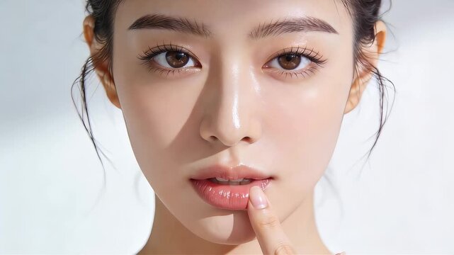 唇に指を添えてこちらをじっと見つめる美しい女性のアップ