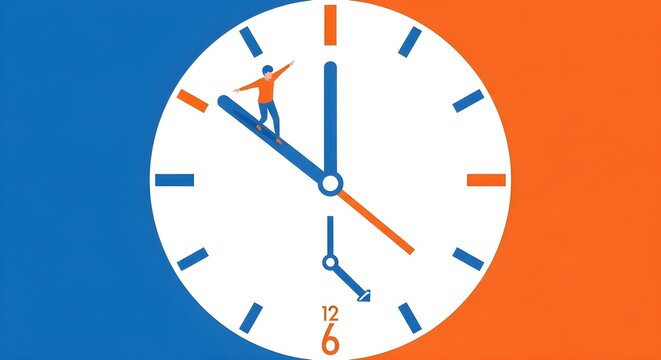 Dynamic abstract illustration of a person balancing on a clock hand, symbolizing time management, deadlines, and the pressure of modern life.