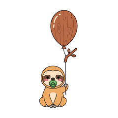 Fototapeta premium A baby sloth mascot sitting and holding wood-branch shaped balloon, flat vector mascot illustration.