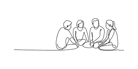 Four people sitting in a circle, drawn with a single continuous line Vector, illustration © Shreemoti