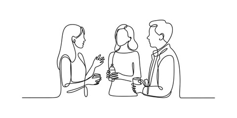 Three people talking and holding drinks in a continuous line drawing style Vector, illustration