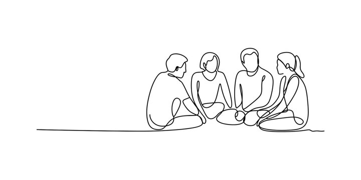 Four people sitting in a circle, drawn with a single continuous line Vector, illustration