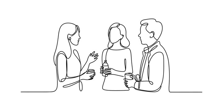 Three people talking and holding drinks in a continuous line drawing style Vector, illustration