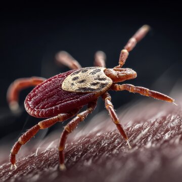 Extreme close-up of a reddish brown tick with distinct body pattern crawling on human skin against a dark background with detailed textures and sharp focus