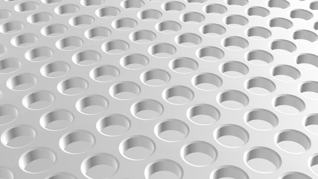 Metallic background with a hole pattern, silver white technological metal design, 3D perforated texture ilustration.