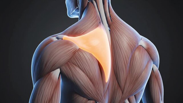 Human Anatomy: Detailed Illustration of the Trapezius Muscle Highlighted in a Realistic 3D Render, for muscular system education.