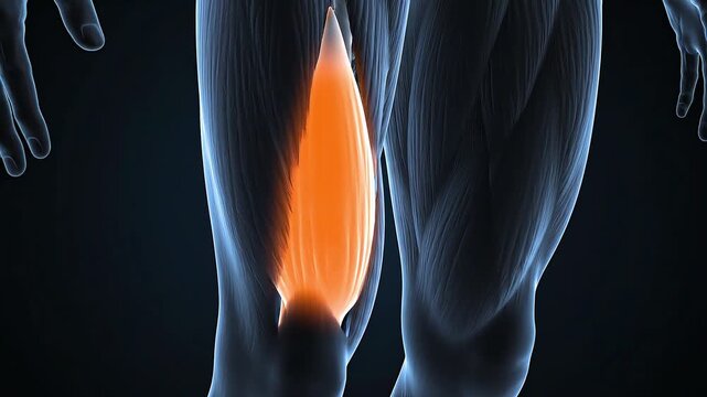 3D rendered illustration of a human leg muscle, highlighting the quadriceps, for muscular system education.