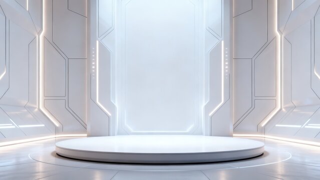Futuristic white room with circular platform