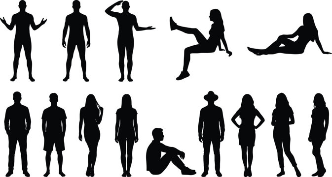Human Body and People Silhouette Collection with Standing Sitting and Casual Pose Vector Illustration Set