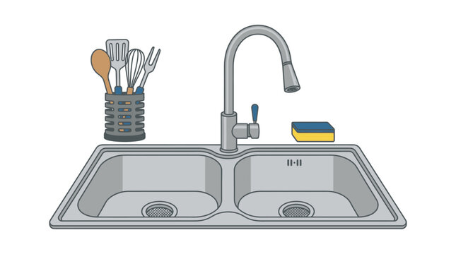 Kitchen sink with faucet and utensils colorful vector illustration