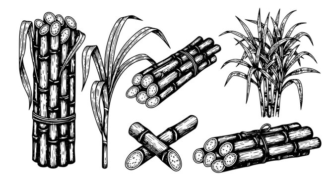 Detailed hand drawn ink illustrations of sugarcane stalks, bundles, and harvested pieces for food industry, agriculture, and organic farming graphic design project assets.