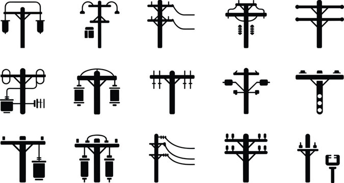 Collection of Silhouetted Utility Poles with Transformers and Insulators Keywords: utility pole, power line, electricity, transformer