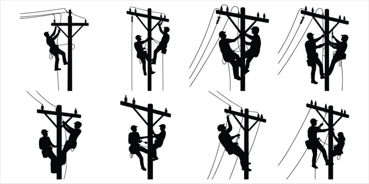 Eight silhouette illustrations of linemen climbing and working on utility poles lineman electrician