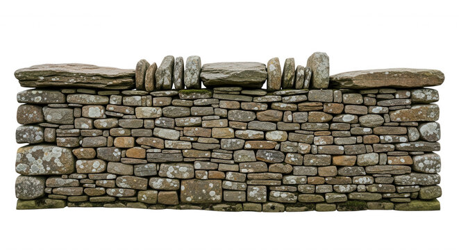 A dry stone wall constructed from stacked, weathered grey and brown fieldstones with a vertical stone capping, isolated on a black background