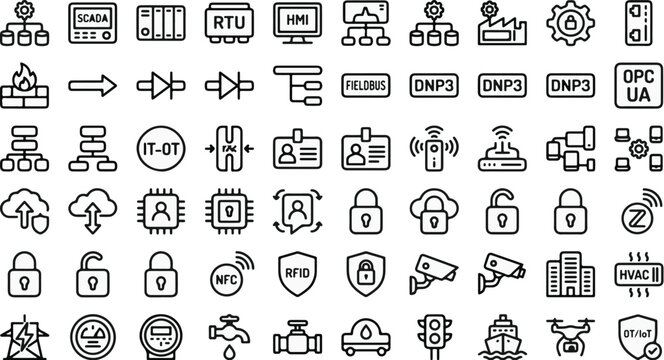 Industrial automation and SCADA system icons, 60 outline vector elements for smart factory and IoT infrastructure, cybersecurity and network symbols