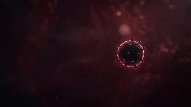 A chilling cinematic rendering of the HANTAVIRUS, depicting its glowing, spiky organic form within a vast, dark microbial space