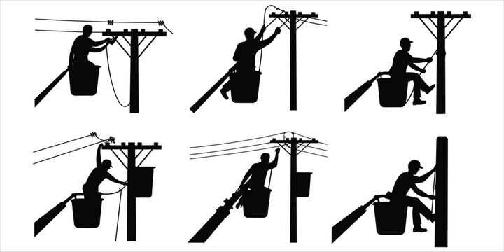 Six silhouette illustrations of linemen working on utility poles in bucket trucks lineman electrician