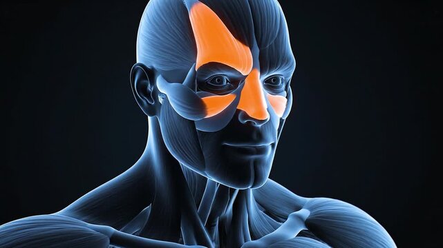 3D rendered illustration of a human head with highlighted facial muscles, depicting anatomical structure and medical detail.