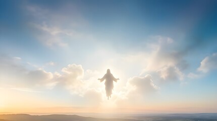 Ascension of Jesus Christ to Heaven, Savior Rising with Divine Light and Clouds, Spiritual Christian Religious Illustration for Ascension Day Celebration