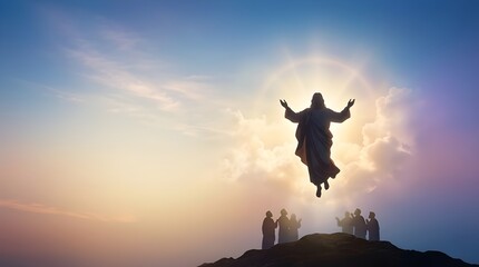 Ascension of Jesus Christ to Heaven, Savior Rising with Divine Light and Clouds, Spiritual Christian Religious Illustration for Ascension Day Celebration