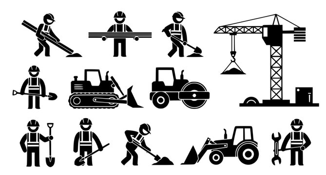 Construction site worker icons and heavy machinery silhouettes featuring cranes, bulldozers, and builders in black and white vector graphics for industrial design projects.